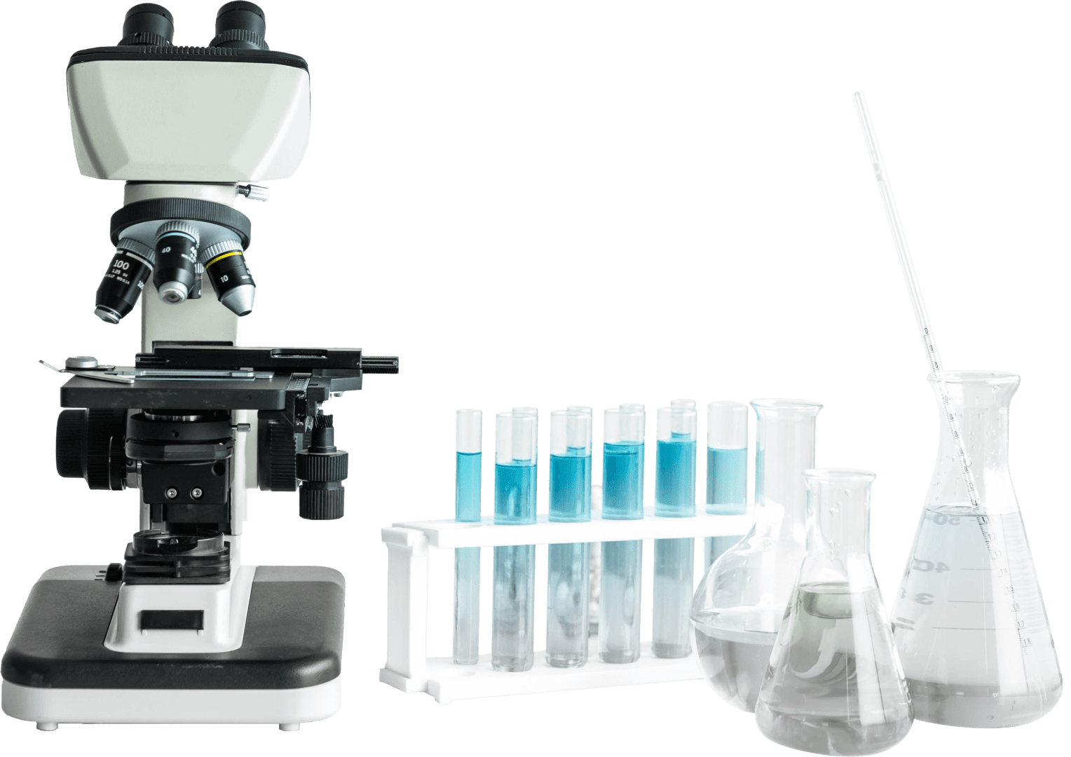 A microscope and several bottles of blue liquid.